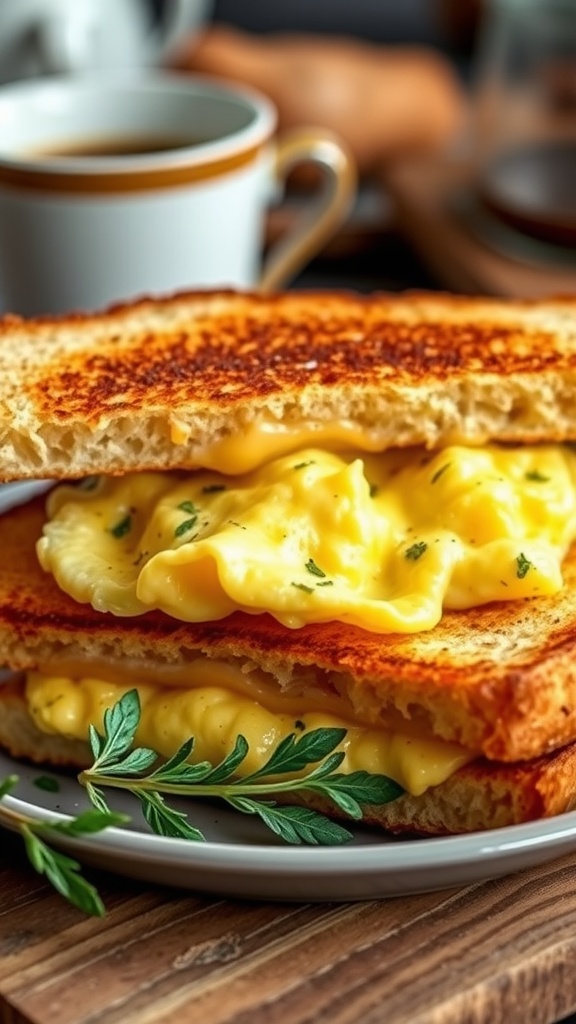 Egg drop sandwich with fluffy scrambled eggs on toasted bread, served with coffee.
